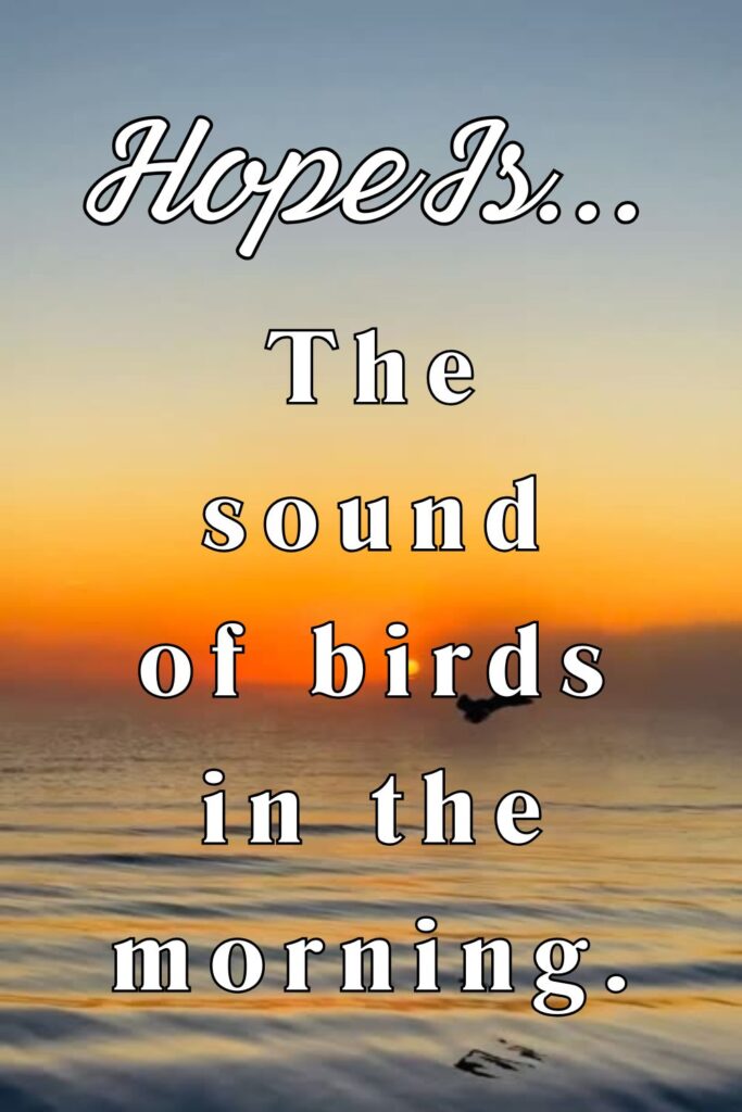 Hope is the sound of birds in the morning - Pinterest pin with birds flying by the ocean during sunrise and text