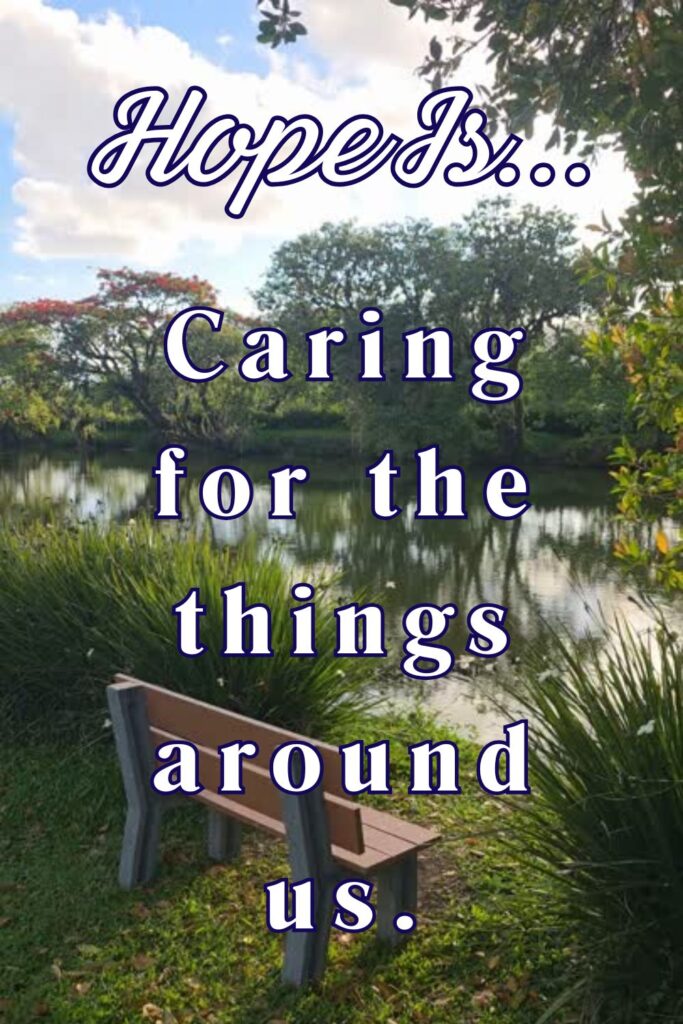 Hope is caring for the things around us - Pinterest pin with outdoor scene and text
