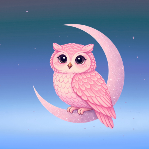 dusk blue background with pink owl on pink crescent moon