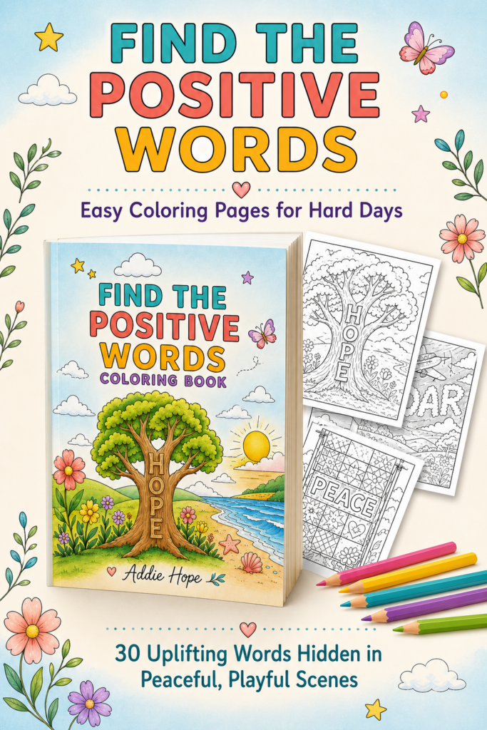 coloring book cover titled "find the positive words" showing three sample coloring pages, coloring pencils, subtitle "Easy coloring pages for hard days" and "30 uplifting words hidden in peaceful, playful scenes.